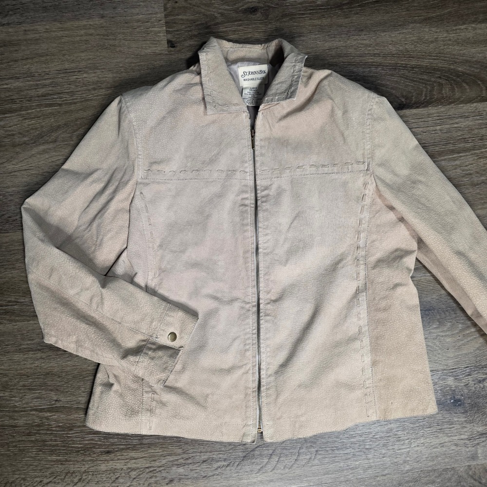 St Johns Bay Womens Tan Washable Suede Leather Zip Jacket Whipstitch Large L